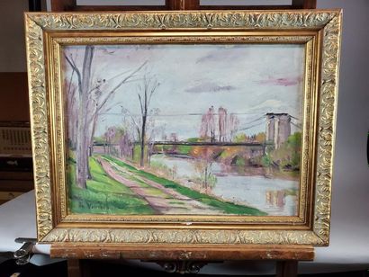 null Andrée VIVREL (1886-1976). Paysage au pont suspendu.. Huile sur toile signée...