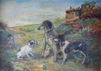 null Gaston BLONDEAU (1886-1979). Trois chiens. Huile sur panneau signé en bas à...