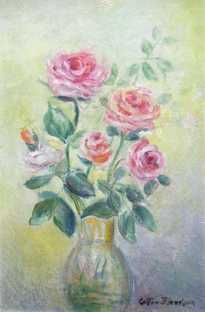 null Gaston BLONDEAU (1886-1979). Bouquet de roses. Huile sur panneau signé en bas...