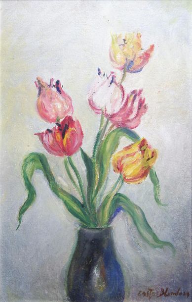 null Gaston BLONDEAU (1886-1979); Bouquet de tulipes. Huile sur panneau signé en...