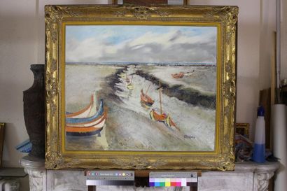 null Gilbert DIEBOLD (1931). Barques dans le chenal. Huile sur toile signée en bas...