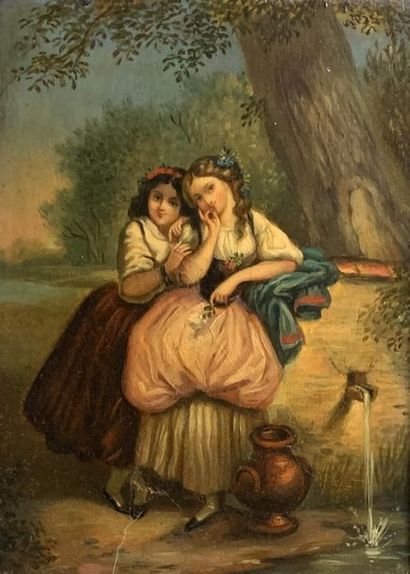 null Ecole du XIXe siècle. Jeunes filles à la fontaine et Jeune fille à la brassée...