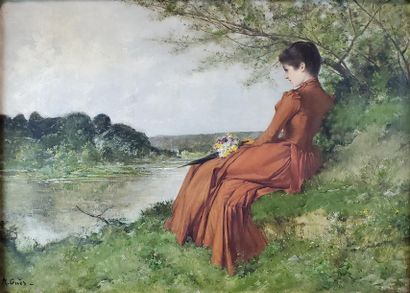 null Alfred François GUES (1837-?)
Rêverie au bord de l'eau.
Huile sur toile signée...