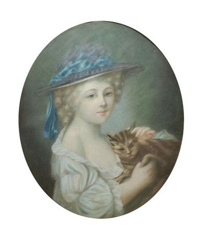 null Ecole française du XIXe siècle (dans le goût du XVIIIe)
La fillette au chat.
Pastel...