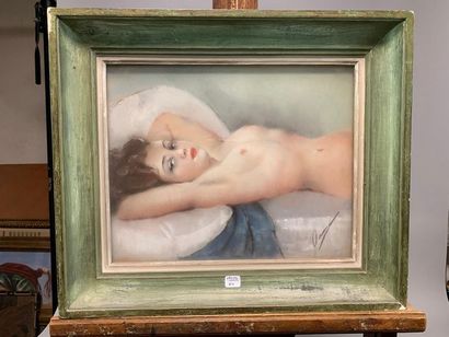 null Nu allongé de Madame LAURET. Pastel sur panneau signée en bas à droite. 37,5...