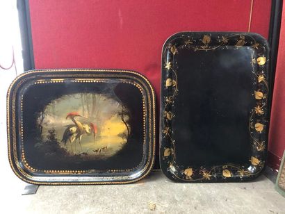 null Set of two large rectangular trays in painted sheet metal, one with wader decoration,...