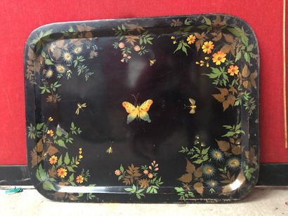 null Large tray in painted sheet metal decorated with flowers, insects and butterfly...