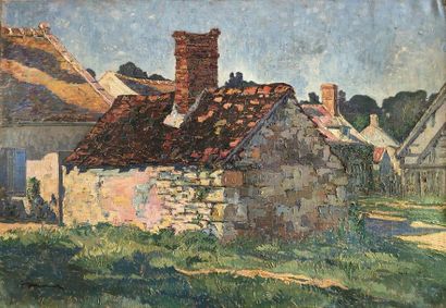null French school of the beginning of the 20th century. Houses with red roofs.
Oil...