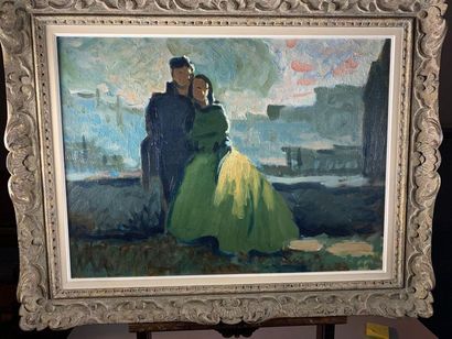 null Lot of three paintings:
- Louis AZÉMA (1876-1963)
Couple.
Oil on isorel signed...
