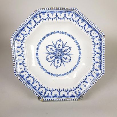 null Rouen. Octagonal blue enamelled earthenware plate on a white background with...