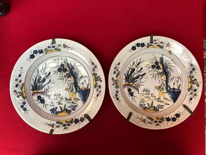 null DELFT. Pair of circular dishes in polychrome glazed earthenware with Chinese...