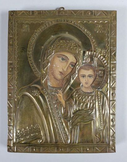 Petite icône de la Vierge à l'Enfant en bois...