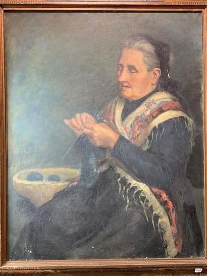 null Ecole du XXe siècle. Portrait de femme cousant. Huile sur toile. 81 x 65 cm