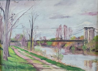 Andrée VIVREL (1886-1976). Paysage au pont...