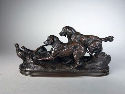 null Antoine-Louis BARYE (1795-1875)
Two dogs pointing at pheasants. Bronze print...