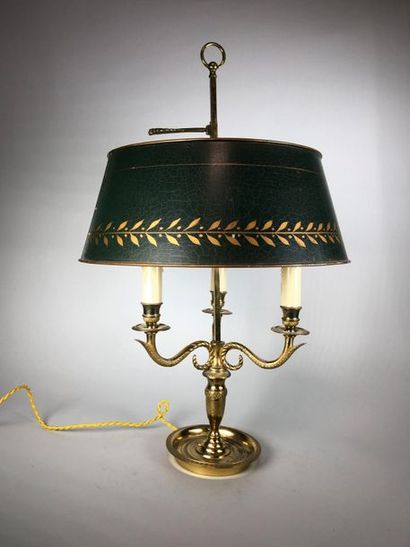 null Boiler lamp with three light arms in gilded bronze, the lampshade in painted...