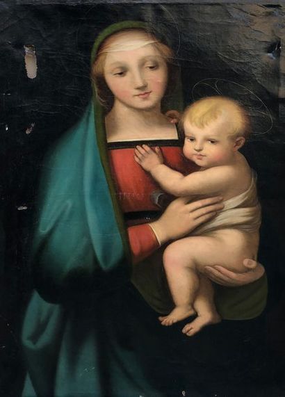  Ecole française du XIXe siècle d'après Raphael Vierge à l'enfant/. Huile sur toile...