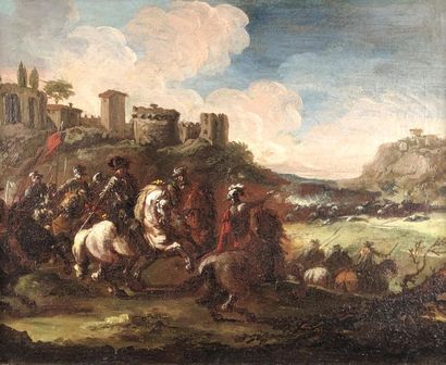  Attributed to Jacques COURTOIS dit le Bourguignon (1621-1676) Cavalry charge. Oil...