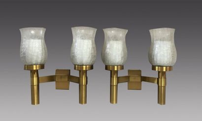  PERZEL Pair of brushed brass sconces with two light arms, glass shades. Signed....
