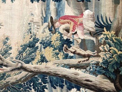 null AUBUSSON
Piper and his dog in a landscape. 
Part of tapestry panel made of woollen...