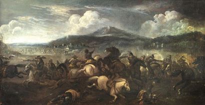  Entourage de PARROCEL Choc de cavalerie. Huile sur toile. 40,5 x 78 cm