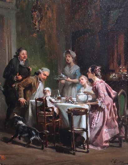  	Prudent Louis LERAY (1820-1879) Repas en famille. Huile sur panneau signé en bas...