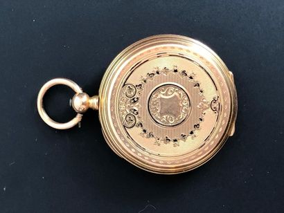 null Montre de gousset en or jaune 18K (750°/°°), le fond guilloché d'un écu, le...