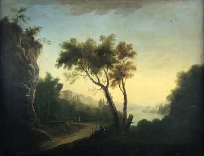 null French school circa 1800
Landscapes of animated ruins. 
Two oils on canvas signed...