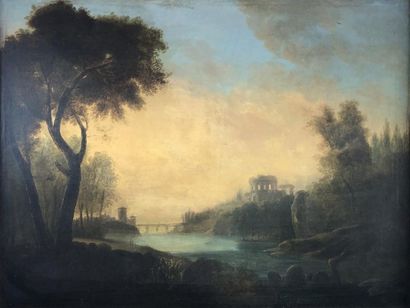 null French school circa 1800
Landscapes of animated ruins. 
Two oils on canvas signed...