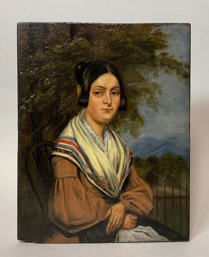  Ecole du XIXe siècle Portrait de femme au châle. Huile sur panneau. 24 x 19 cm