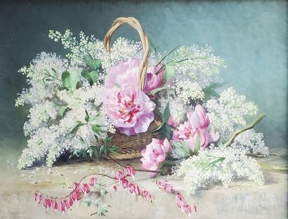  Léon Alfred BENOIT (XXe siècle) Pivoines et lilas. Huile sur toile signée en bas...