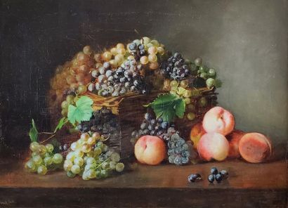  Léon Alfred BENOIT (XXe siècle) Pêches et raisin, 1881. Huile sur toile signée et...