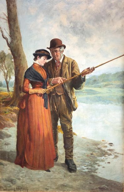 null Dawson DAWSON-WATSON (1864-1939)
Couple à la pêche. 
Huile sur toile (?) signée...