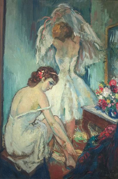 null Marcel COSSON (1878-1956)
Two dancers getting dressed.
Oil on canvas signed...