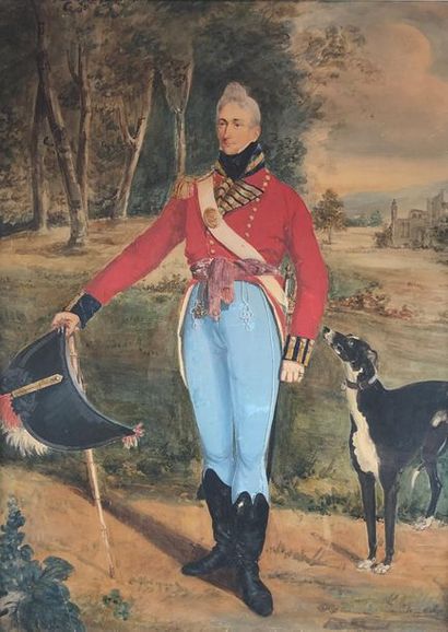  English school of the 19th century British officer and his dog. Watercolour. View...
