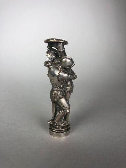 null Ecole française du XIXe siècle.
Cachet en bronze argenté représentant un combat...
