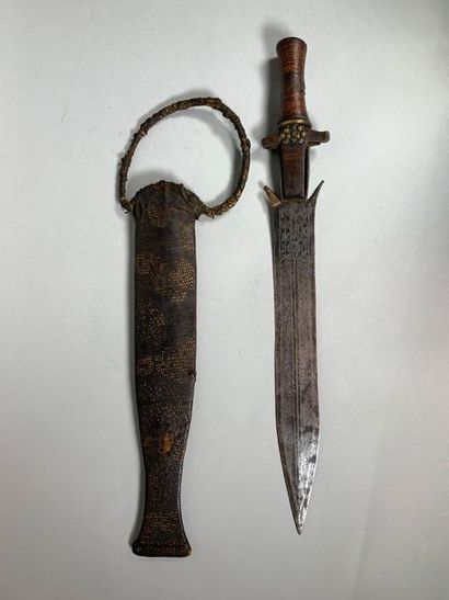 null Fang knife in iron and wood with lizard skin sheath.
Gabon.
L: 49,5 cm