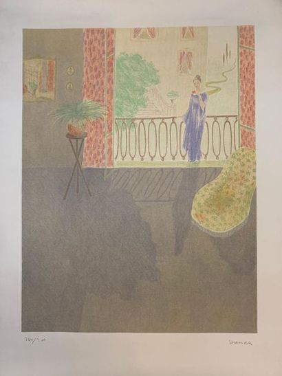 null HAMER (20th century). Woman on the terrace. Lithograph unframed, signed and...