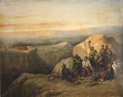 null Joseph BEAUME (1796-1885) 
Les zouaves et le lion. 
Huile sur toile signée en...