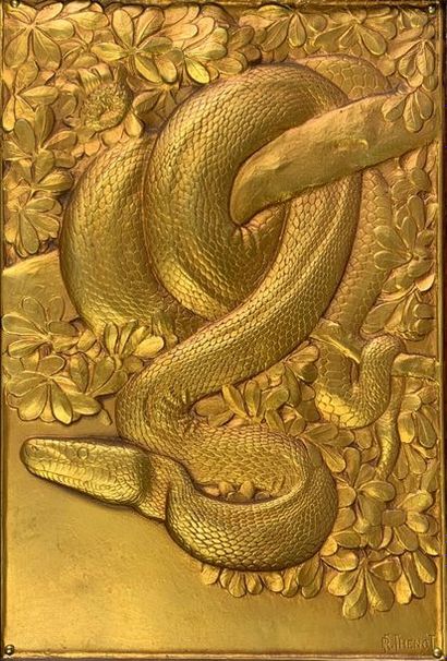 null René THÉNOT (1893-1963)
Serpent.
Galvanoplastie en métal repoussé doré à l'or...