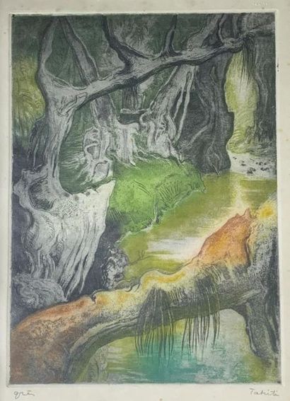 null Serge GRES (1899-1970)
Rivière en forêt à Tahiti.
Aquatinte en couleurs signée...