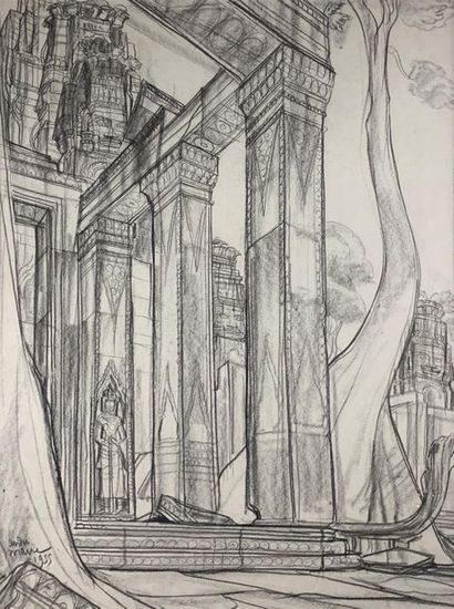 null André MAIRE (1898-1984)
Vue du temple du Bayon à Angkor, 1955. 
Dessin au fusain...