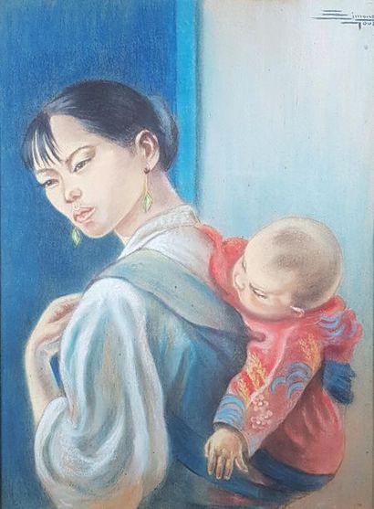 null Simone GOUZE (XIXe-XXe siècles)
Femme asiatique et son enfant.
Pastel signé...