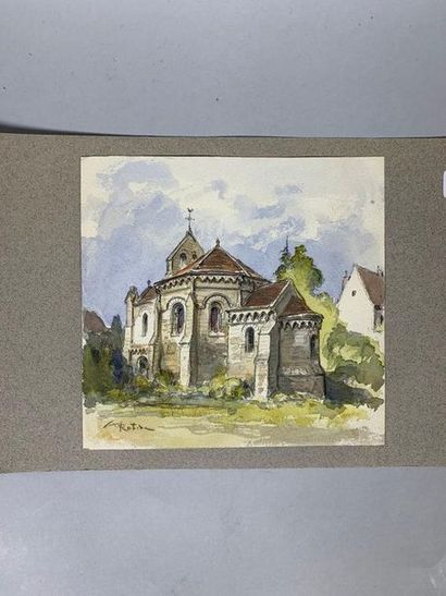  Albert ROBIDA (1848-1926) Vue de Neyon, de Tracy et deux vues d'église. Quatre aquarelles...