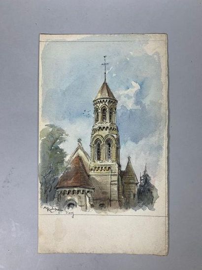  Albert ROBIDA (1848-1926) Vue de Neyon, de Tracy et deux vues d'église. Quatre aquarelles...