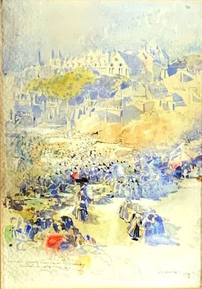  FIVET (XIXe-XXe siècles) Jour de marché en Bretagne, 1900. Aquarelle signée en bas...