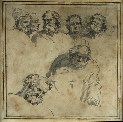  Ecole flamande du XVIIe siècle Etude de têtes d'apôtres. Lavis d'encre. 17 x 17...