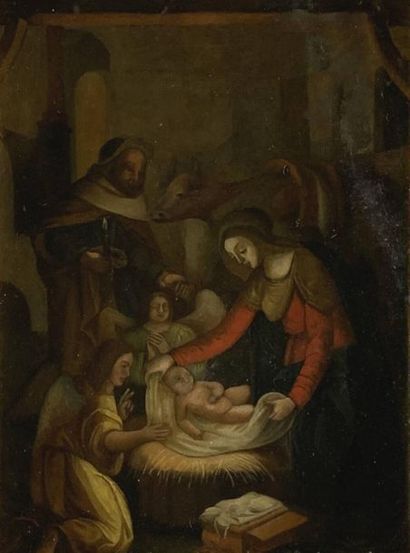  School of the XIXth century according to the XVIIth Nativity. Oil on copper. 30...