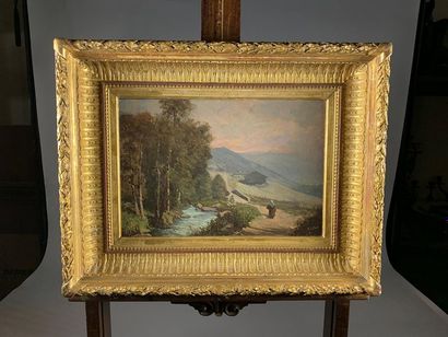  RACLET ( XIXe siècle) Paysage avec promeneuse. Huile sur toile signée en bas à droite....