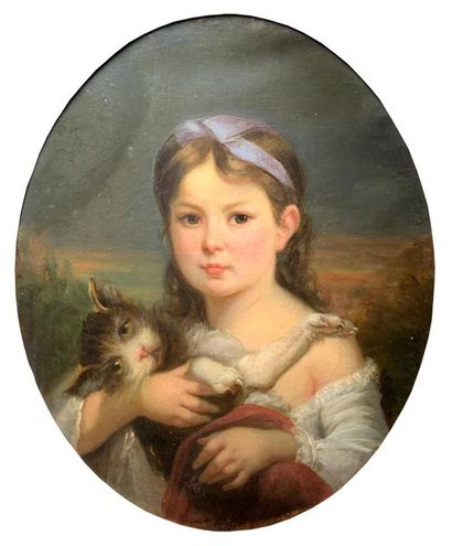 School of the 19th century Girl with cat....